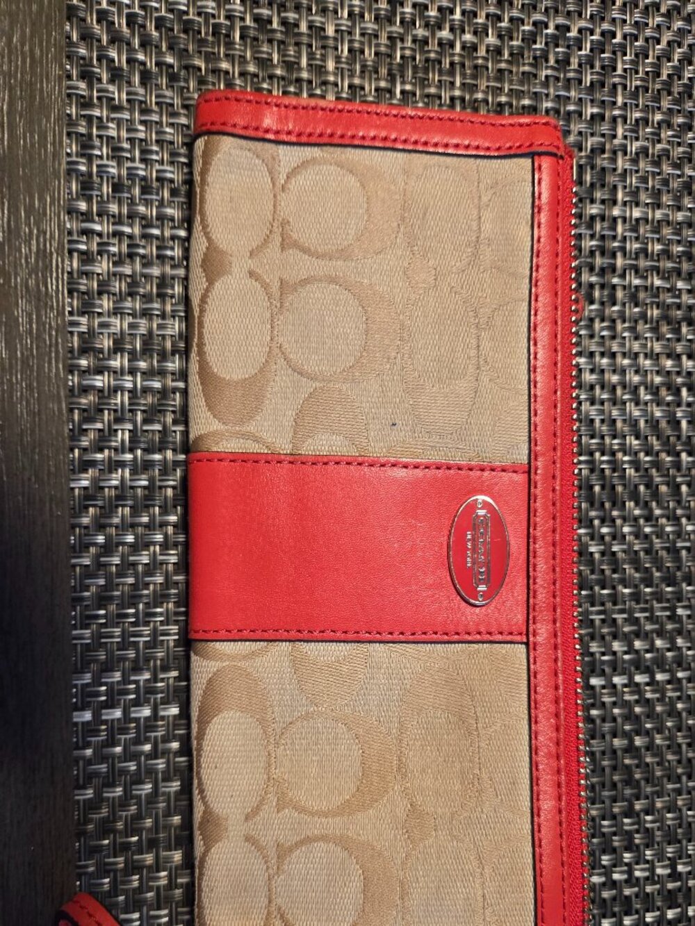 Coach Light Khaki Legacy Orange Coral Stripped Signature Wallet Wristlet